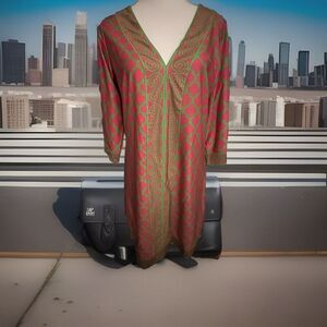 Gretchen Scott 3/4 Sleeve Pink & Green Mod Shift Dress Retro 50s 60s 70s SZ Med